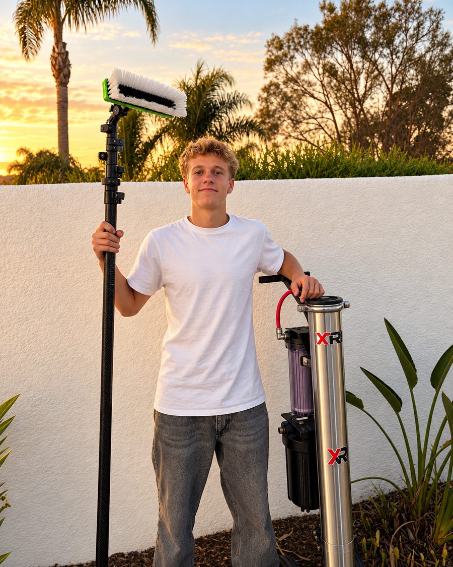 Monte, owner of Wave Wash Cleaning, holding a window cleaning pole next to a pure water system
